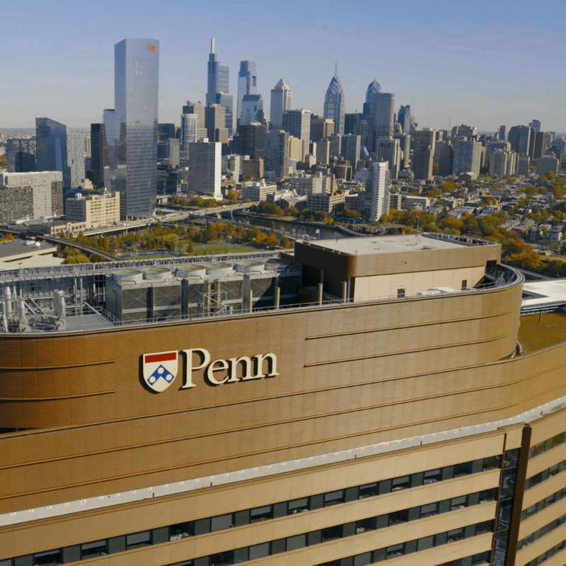 Photo taken from a drone positioned above the HUP Pavilion with the Philadelphia Skyline in the background.